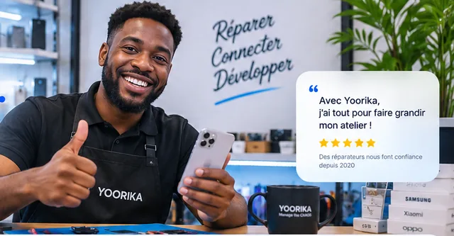 Réparateur souriant dans un atelier de réparation avec un smartphone à la main